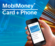 Person using MobiMoney app on cell phone with title that reads, "MobiMoney - Card + Phone"